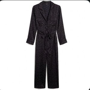 Lucky Brand Polka Dot Jumpsuit Black White Long Sleeve Belted Satin Feel S